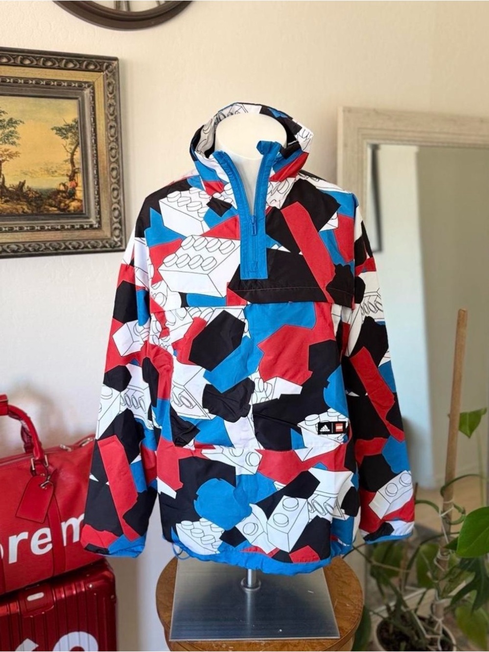 adidas Kids Colorblock Brick-Print Pullover Jacket - Red, Blue, Black, White